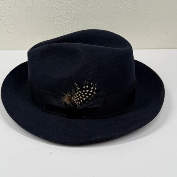 Stacy Adams Fedora Hat Wool Felt Navy Blue Feather Band XL Made in Mexico - Picture 2 of 8